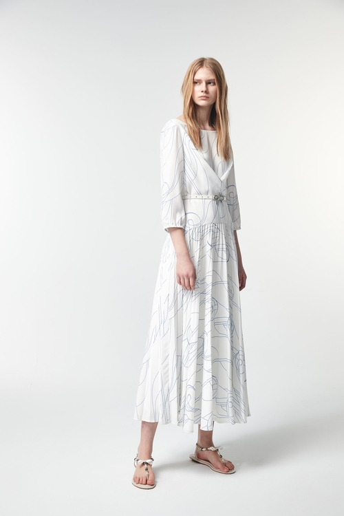 Contrast Pattern Printed Pleated Dress,Long sleeve dresses