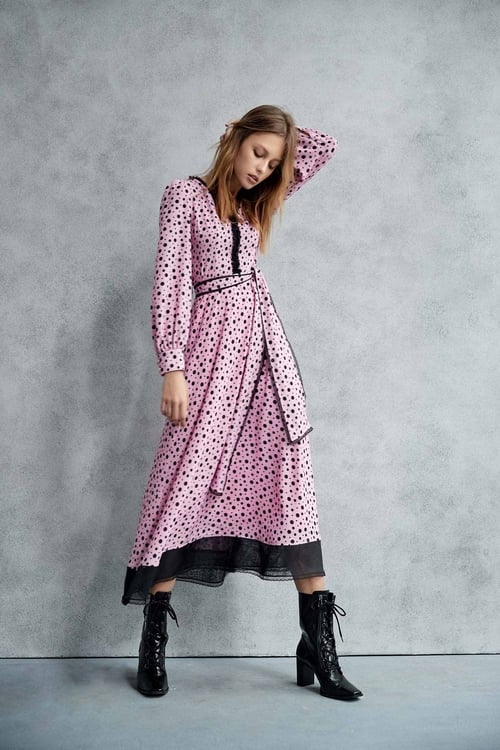 Black Polk Dot Pink Maxi Dress,Long sleeve dresses