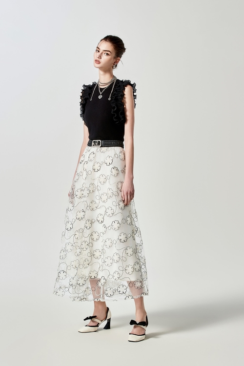 Sleeveless Knit Top Dress With Mesh Floral Skirt Detail,bestselling