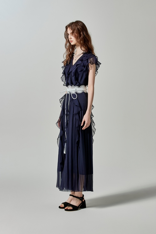 Navy Ruffle Detail Chiffon Dress,Evening dresses