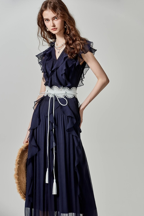 Navy Ruffle Detail Chiffon Dress,Evening dresses