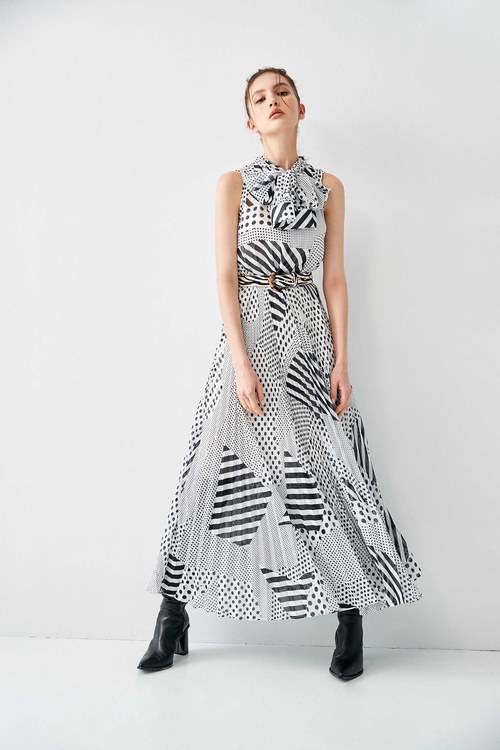 Contrast Dotted With Stripe Printed Dress,Chiffon dresses