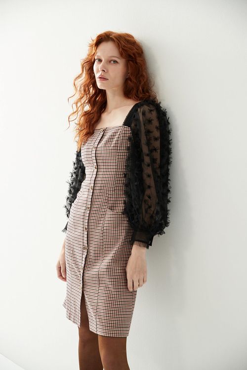 Checkered Print Dress With Mesh Sleeve,Mesh fabric