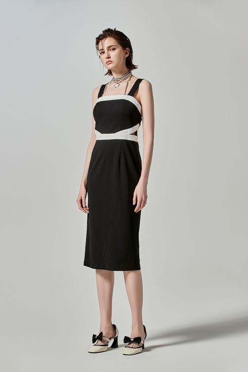 Midi Black Dress With Contrast White Trim,,Midi Black Dress With Contrast White Trim,Dresses,Chiffon dresses,dotcollection,Season (AW) Look,Maxi dresses,Chiffon,Chiffon dresses,Dresses,Season (SS) Look