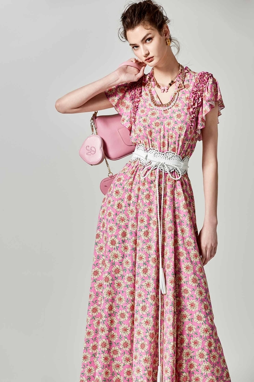 Floral Print With Flutter Sleeve Maxi Dress,Printed dresses