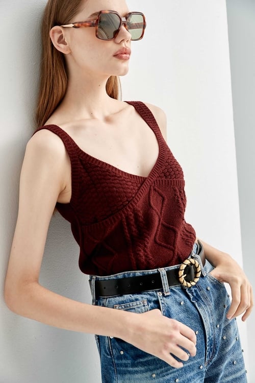 Maroon Knitted Tank Top,Thin straps