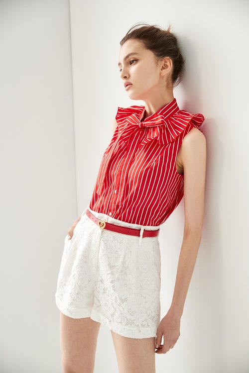 Red With White Stripe Ribbon Collar Vest,coolsummer