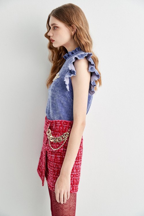 Ruffle Detail Velvet Vest,sleeveless tops,sleeveless tops,Sleeveless tops,sleeveless tops