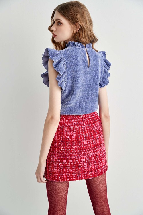 Ruffle Detail Velvet Vest,sleeveless tops,sleeveless tops,Sleeveless tops,sleeveless tops