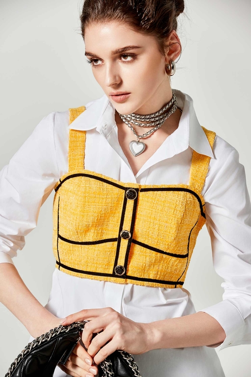 Yellow Crop Tweed Tank Top With Contrast Detail,upperclass