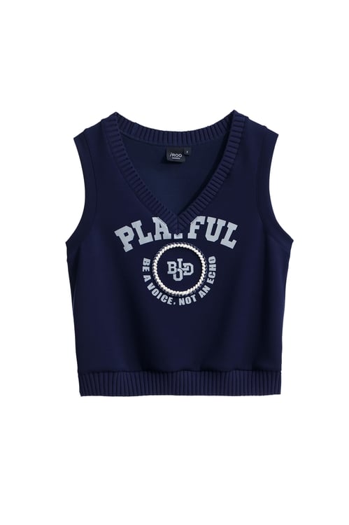 V-neck Slogan Navy Vest,sleeveless tops,sleeveless tops,Sleeveless tops,sleeveless tops