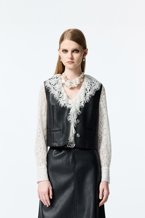 V-neck PU Vest,Black tops,black tops