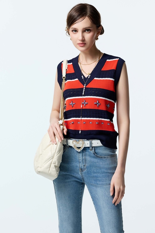 V-neck Contrast Colour Knit Vest,Knitted