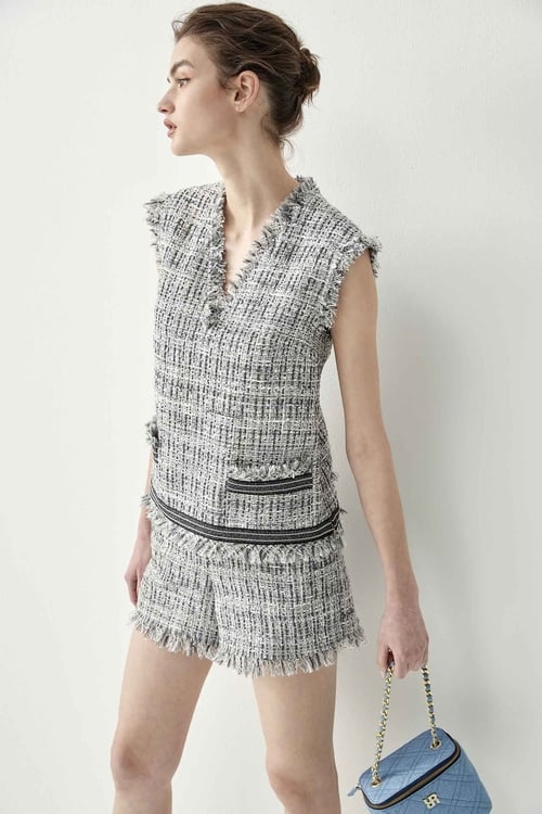 V-Neck Tweed Grey Vest With Contrast Trim Detail,upperclass