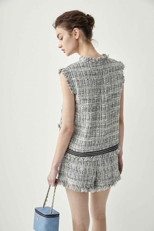 V-Neck Tweed Grey Vest With Contrast Trim Detail,simple outfits