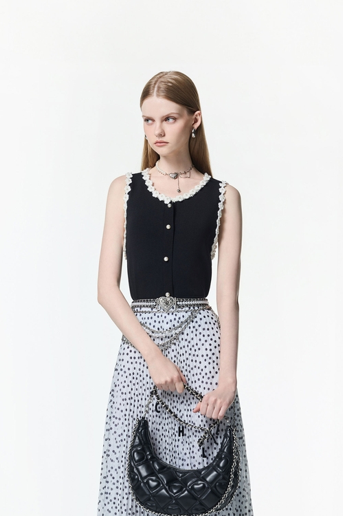 Contrast Floral Detail Knit Vest,sleeveless tops,sleeveless tops,Sleeveless tops,sleeveless tops