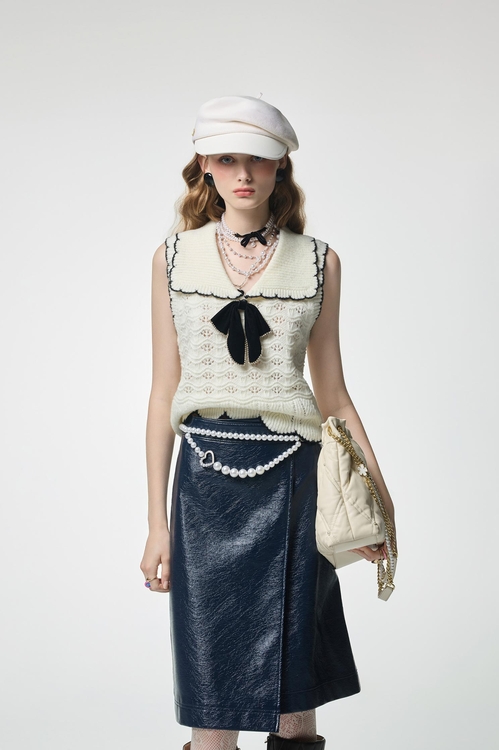 Navy Bow Detail Knit Vest,Tops