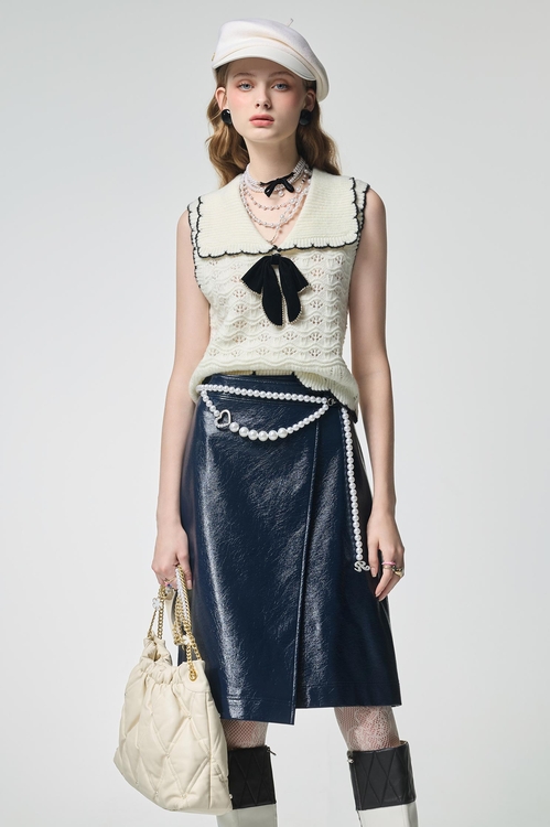 Navy Bow Detail Knit Vest,Tops