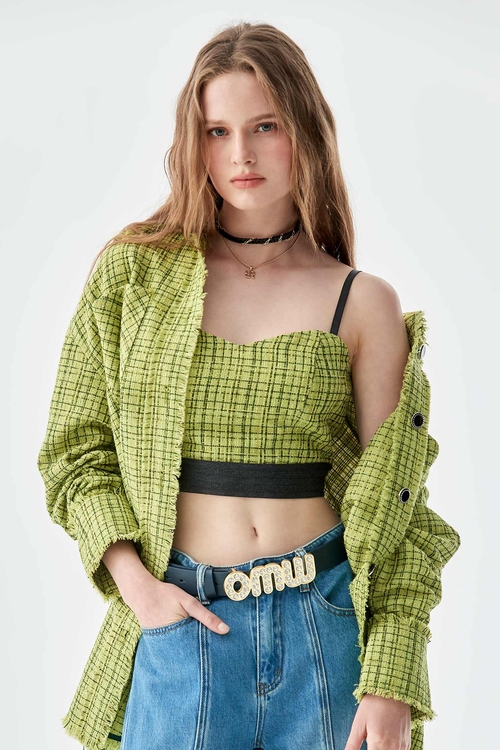 Green Tweed Crop Tank Top,co-ord sets