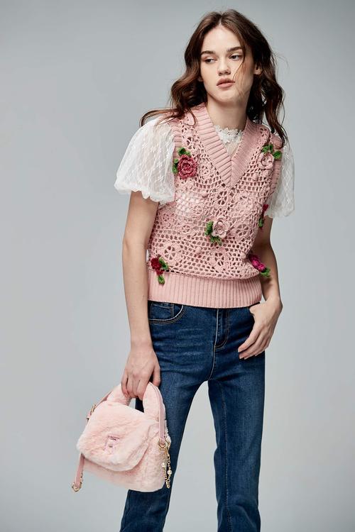 Pink Crochet Knit Vest With 3-D Rose Detail,Knitted tops