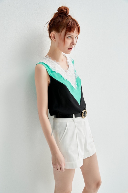 Colour Block Lace Detail Vest,Lace tops,Lace tops