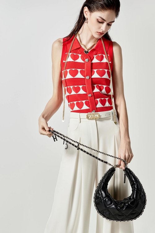 Classic Collar Chilli Red Heart Pattern Knit Vest,Knitted tops