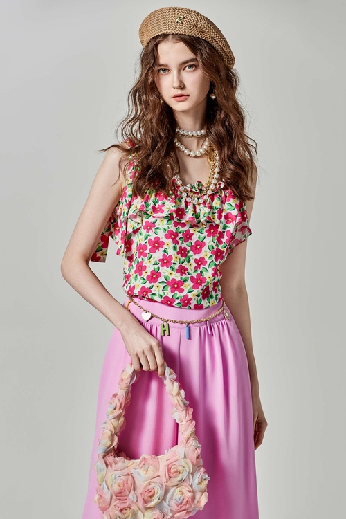 Bold Floral Vest With Pleated Flounce Neckline,sleeveless tops,sleeveless tops,Sleeveless tops,sleeveless tops