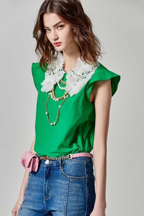 Contrast Lace Collar Vest With 3-D Floral Detail,Lace