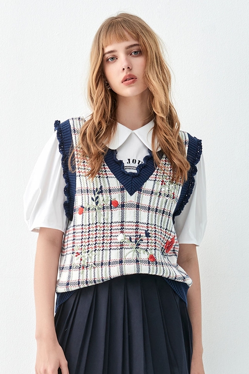 Checkered Knit Vest With Floral Embroidery,Cotton