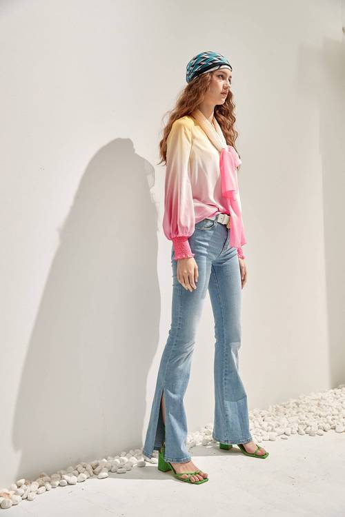 Pastel Colour Gradient Chiffon Blouse,Long sleeve tops