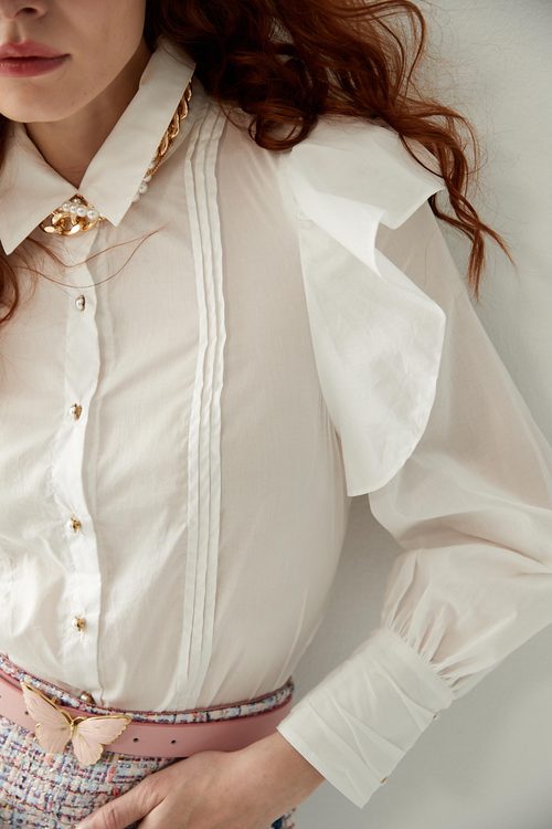 Front Pleats Blouse With Ruffle Details,White tops,White tops