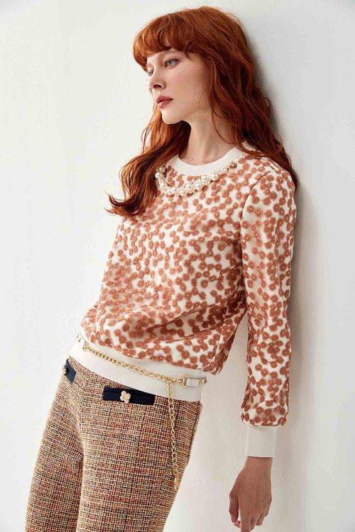 Long Sleeve Top With Brown Contrast Lace,Embroidered tops