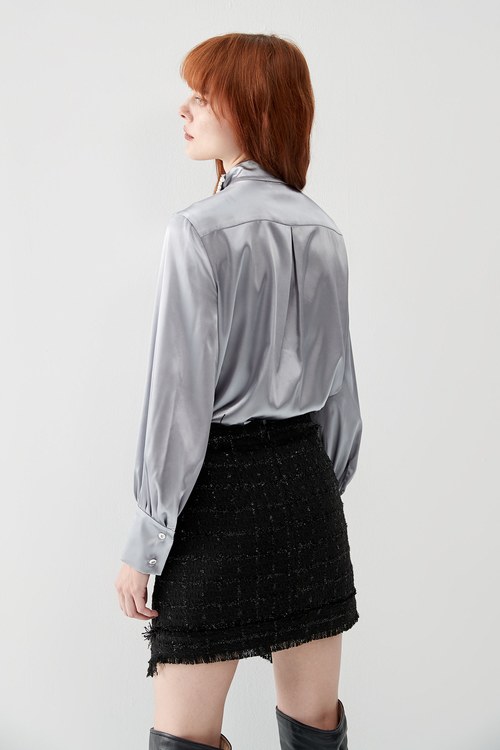 Grey Satin Blouse With Pearl Collar Detail,Blouses