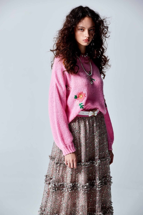 Pink Knit Top With Floral Detail,Knitted tops