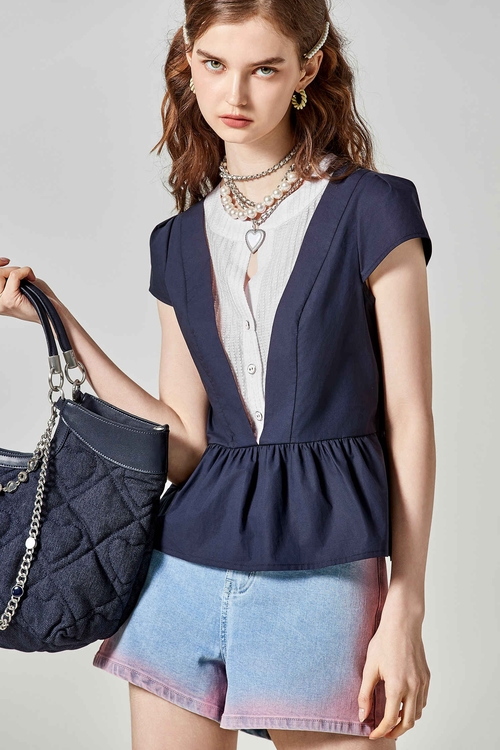 Short Sleeve Fake Two Piece Peplum Top,Tops