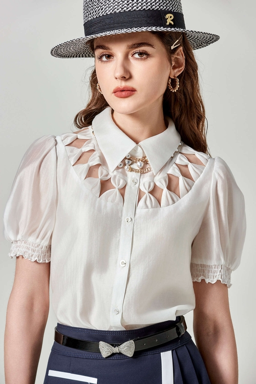 Short Sleeve Bow Detail Blouse,bows