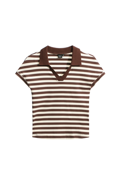 Coffee Brown Stripe V-neck Tee,Stripe