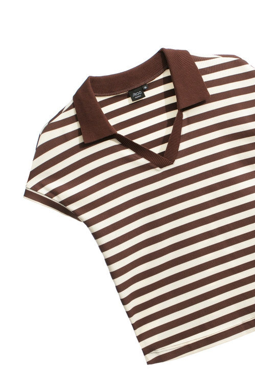 Coffee Brown Stripe V-neck Tee,Stripe