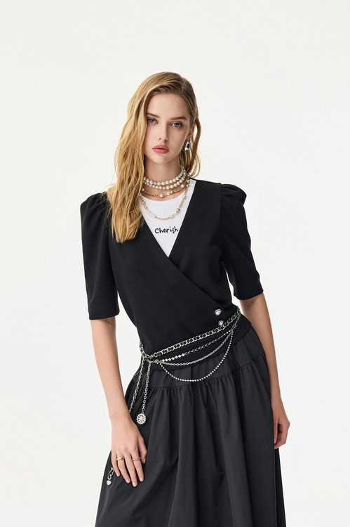 Black White Contrast Fake Two Piece Top,Tops