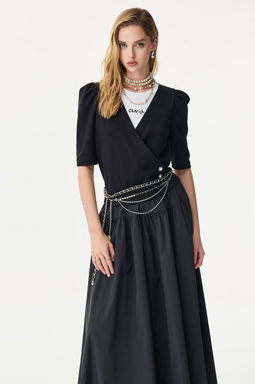Black White Contrast Fake Two Piece Top,Tops