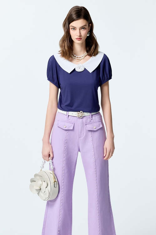 Contrast Collar Short Sleeve Top,Tops