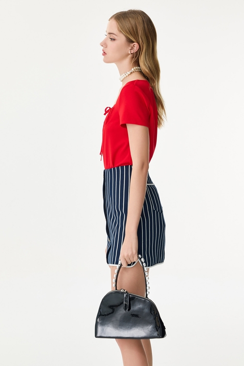 Front Pleat Detail Short Sleeve Tee,U-Neck T shirts