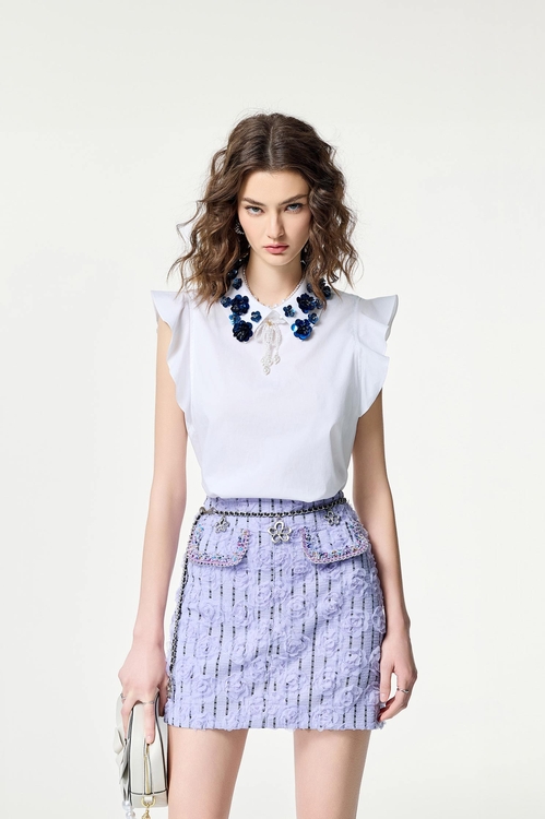 Navy Floral Beadings Ruffle Sleeve Top,Tops