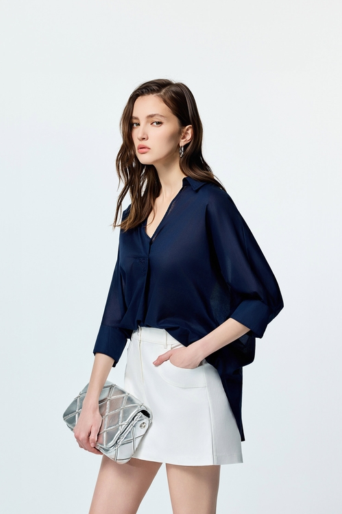 V-neck Loose Fit Navy Top,Tops