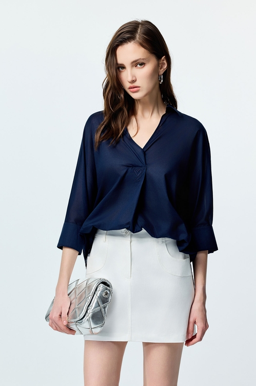 V-neck Loose Fit Navy Top,Tops