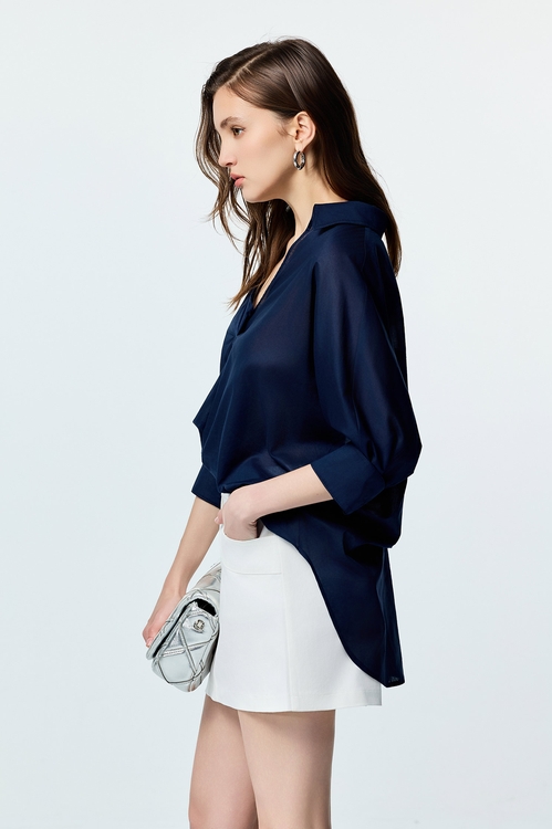 V-neck Loose Fit Navy Top,Tops