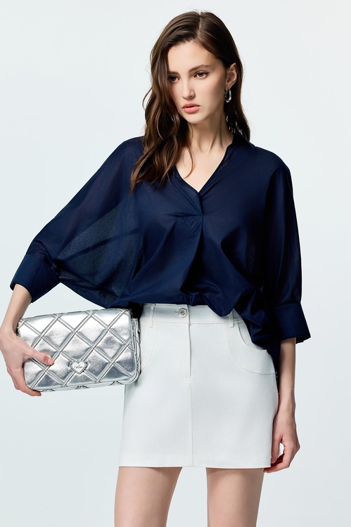 V-neck Loose Fit Navy Top,Tops