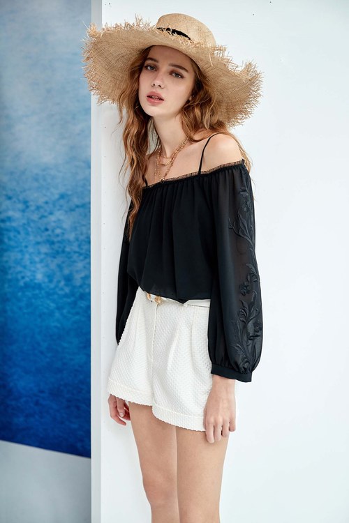 Chiffon Off-Shoulder Top With Embroidery Detail,travelwear