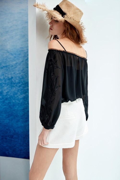 Chiffon Off-Shoulder Top With Embroidery Detail,Exposed shoulders tops,Exposed shoulders tops