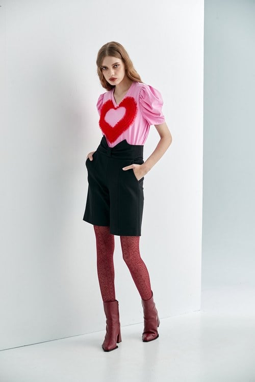 Pink Puff Sleeves Top With Pleated Ruffle Heart Detail,Pink